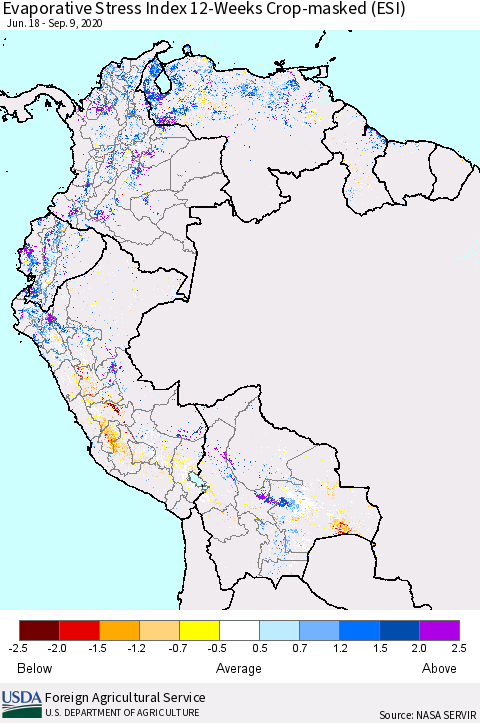 Northern South America Evaporative Stress Index (ESI), 12-Weeks over Croplands Thematic Map For 9/7/2020 - 9/13/2020