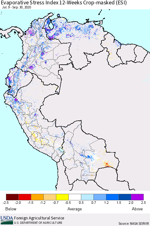 Northern South America Evaporative Stress Index (ESI), 12-Weeks over Croplands Thematic Map For 9/28/2020 - 10/4/2020