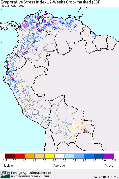 Northern South America Evaporative Stress Index (ESI), 12-Weeks over Croplands Thematic Map For 10/5/2020 - 10/11/2020