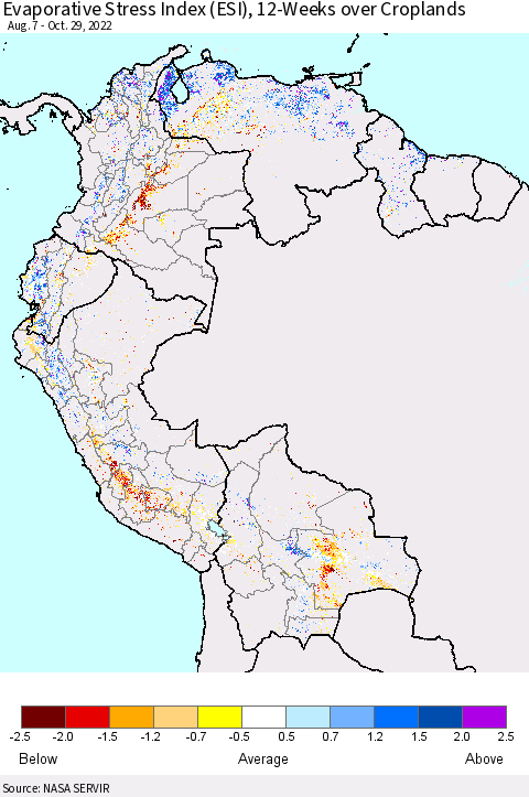 Northern South America Evaporative Stress Index (ESI), 12-Weeks over Croplands Thematic Map For 10/24/2022 - 10/30/2022