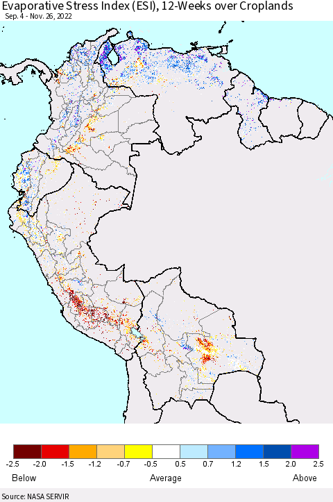 Northern South America Evaporative Stress Index (ESI), 12-Weeks over Croplands Thematic Map For 11/21/2022 - 11/27/2022