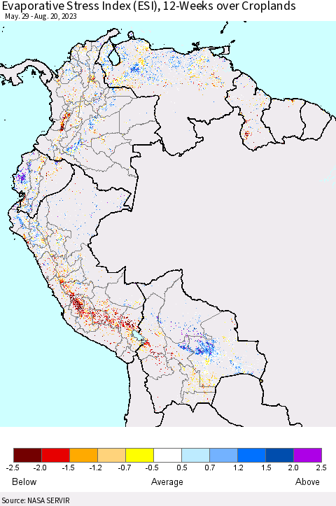 Northern South America Evaporative Stress Index (ESI), 12-Weeks over Croplands Thematic Map For 8/14/2023 - 8/20/2023