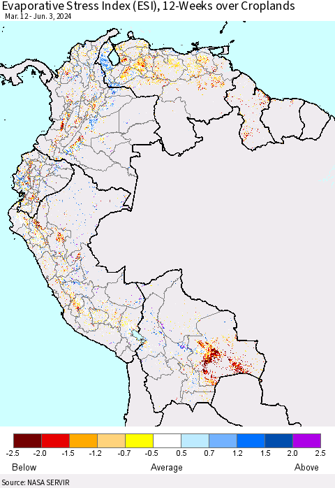 Northern South America Evaporative Stress Index (ESI), 12-Weeks over Croplands Thematic Map For 6/3/2024 - 6/9/2024