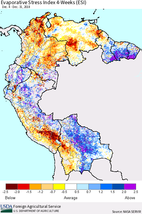 Northern South America Evaporative Stress Index (ESI), 4-Weeks Thematic Map For 12/31/2018 - 1/6/2019