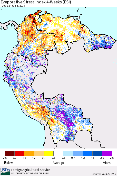 Northern South America Evaporative Stress Index (ESI), 4-Weeks Thematic Map For 1/7/2019 - 1/13/2019