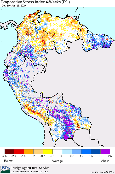 Northern South America Evaporative Stress Index (ESI), 4-Weeks Thematic Map For 1/14/2019 - 1/20/2019