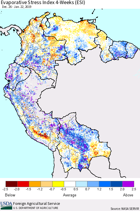 Northern South America Evaporative Stress Index (ESI), 4-Weeks Thematic Map For 1/21/2019 - 1/27/2019