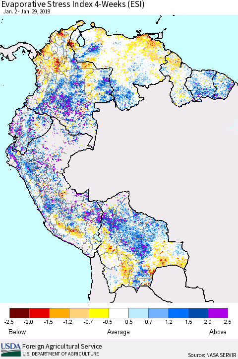 Northern South America Evaporative Stress Index (ESI), 4-Weeks Thematic Map For 1/28/2019 - 2/3/2019