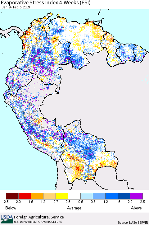 Northern South America Evaporative Stress Index (ESI), 4-Weeks Thematic Map For 2/4/2019 - 2/10/2019