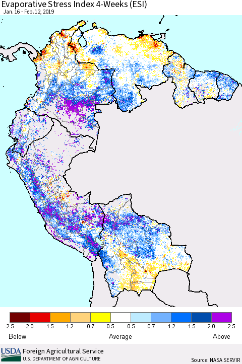 Northern South America Evaporative Stress Index (ESI), 4-Weeks Thematic Map For 2/11/2019 - 2/17/2019