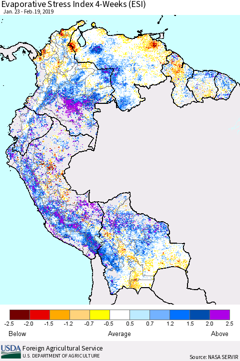 Northern South America Evaporative Stress Index (ESI), 4-Weeks Thematic Map For 2/18/2019 - 2/24/2019