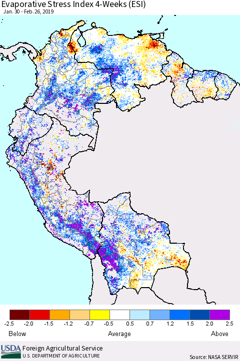 Northern South America Evaporative Stress Index (ESI), 4-Weeks Thematic Map For 2/25/2019 - 3/3/2019