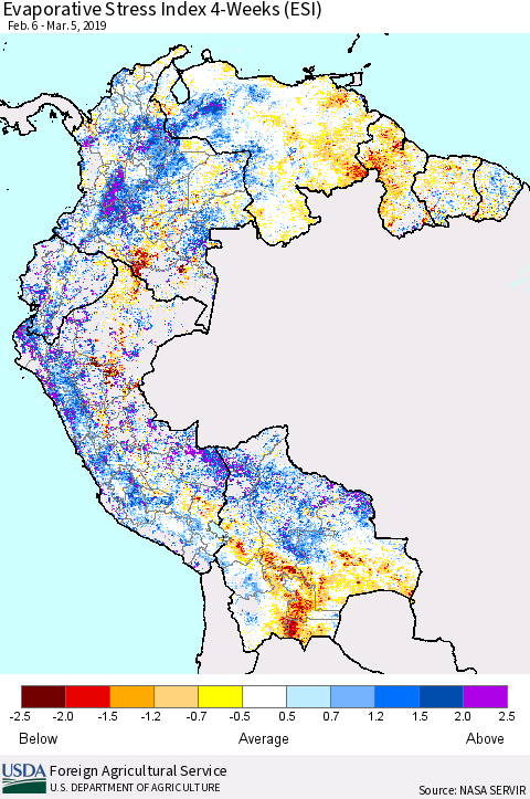 Northern South America Evaporative Stress Index (ESI), 4-Weeks Thematic Map For 3/4/2019 - 3/10/2019