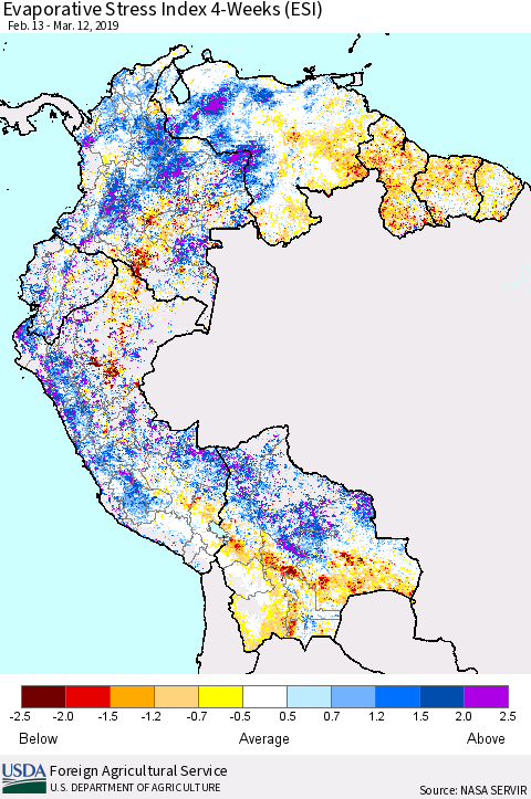 Northern South America Evaporative Stress Index (ESI), 4-Weeks Thematic Map For 3/11/2019 - 3/17/2019