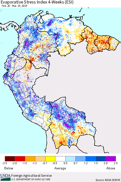 Northern South America Evaporative Stress Index (ESI), 4-Weeks Thematic Map For 3/18/2019 - 3/24/2019
