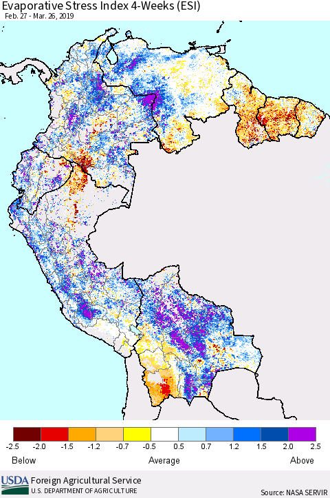 Northern South America Evaporative Stress Index (ESI), 4-Weeks Thematic Map For 3/25/2019 - 3/31/2019