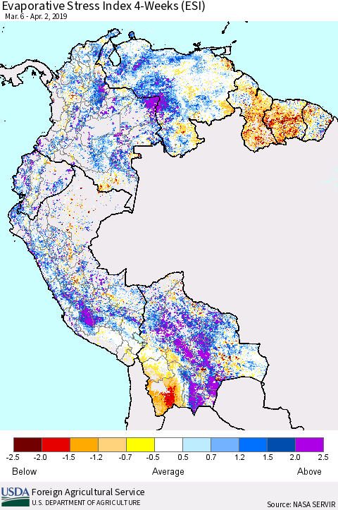 Northern South America Evaporative Stress Index (ESI), 4-Weeks Thematic Map For 4/1/2019 - 4/7/2019