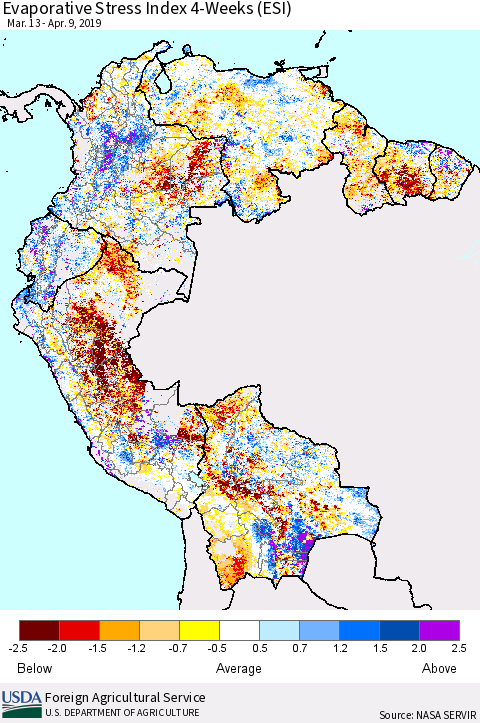 Northern South America Evaporative Stress Index (ESI), 4-Weeks Thematic Map For 4/8/2019 - 4/14/2019