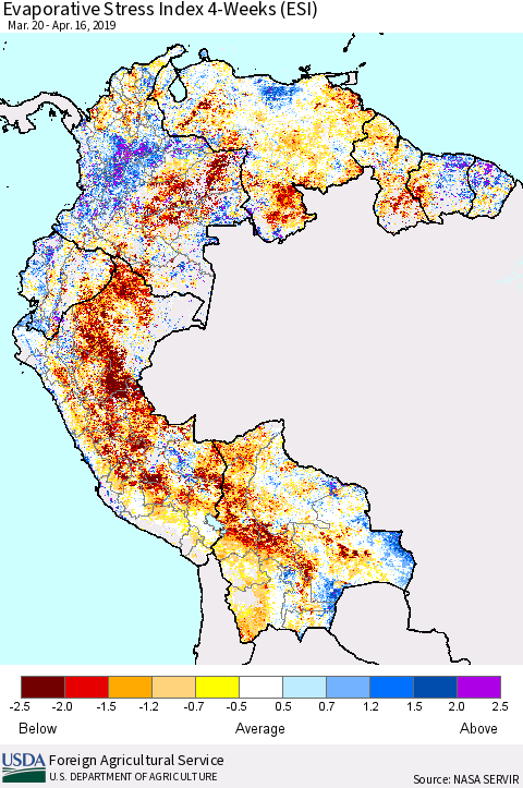 Northern South America Evaporative Stress Index (ESI), 4-Weeks Thematic Map For 4/15/2019 - 4/21/2019