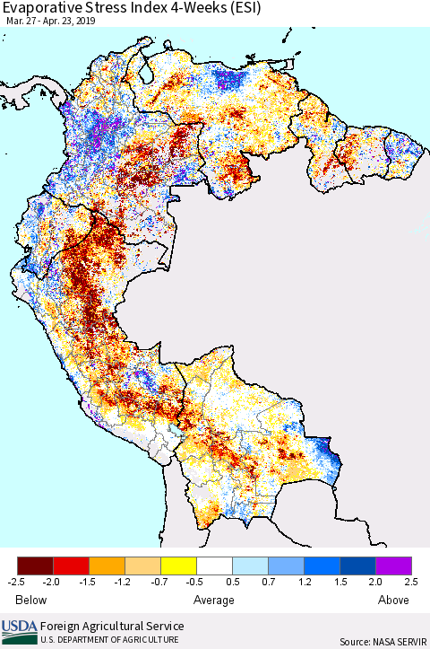 Northern South America Evaporative Stress Index (ESI), 4-Weeks Thematic Map For 4/22/2019 - 4/28/2019