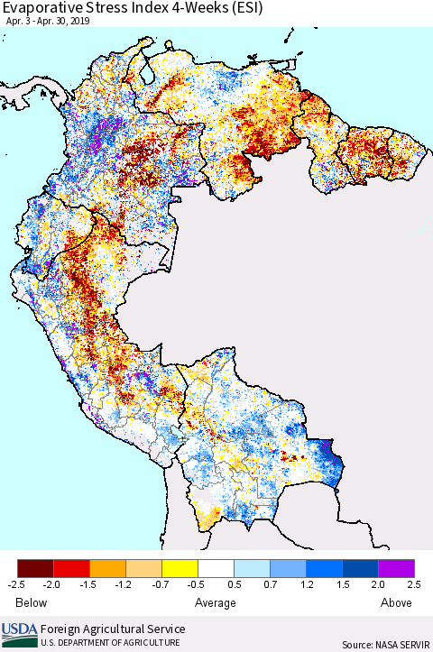 Northern South America Evaporative Stress Index (ESI), 4-Weeks Thematic Map For 4/29/2019 - 5/5/2019