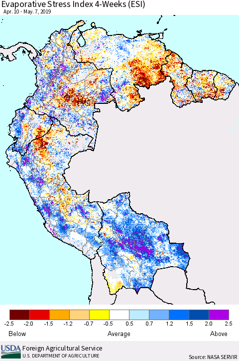 Northern South America Evaporative Stress Index (ESI), 4-Weeks Thematic Map For 5/6/2019 - 5/12/2019