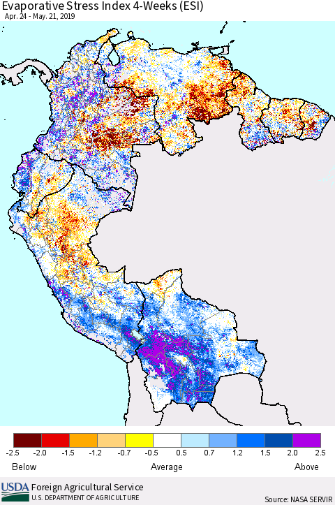 Northern South America Evaporative Stress Index (ESI), 4-Weeks Thematic Map For 5/20/2019 - 5/26/2019