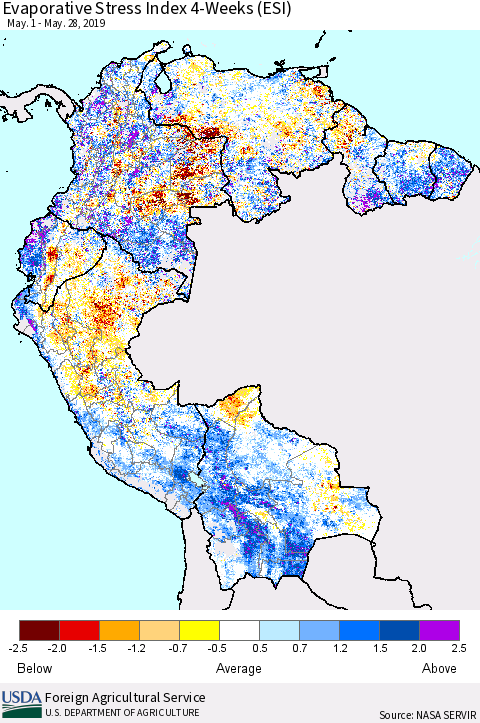 Northern South America Evaporative Stress Index (ESI), 4-Weeks Thematic Map For 5/27/2019 - 6/2/2019