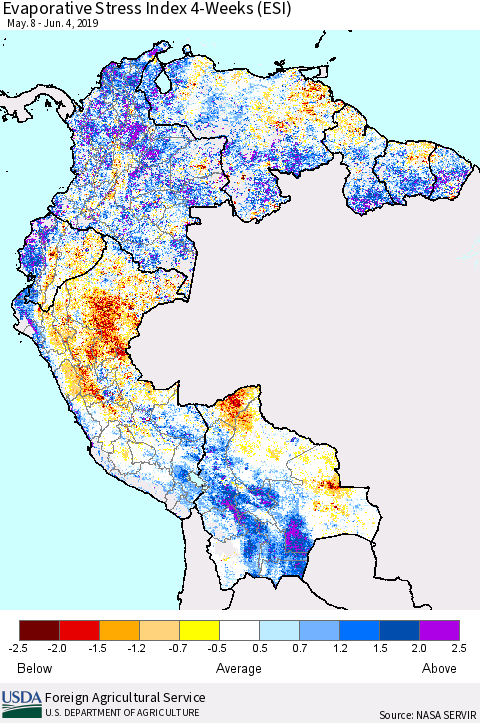Northern South America Evaporative Stress Index (ESI), 4-Weeks Thematic Map For 6/3/2019 - 6/9/2019