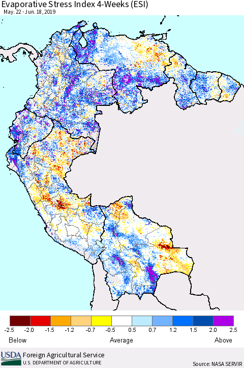 Northern South America Evaporative Stress Index (ESI), 4-Weeks Thematic Map For 6/17/2019 - 6/23/2019