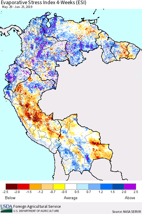 Northern South America Evaporative Stress Index (ESI), 4-Weeks Thematic Map For 6/24/2019 - 6/30/2019