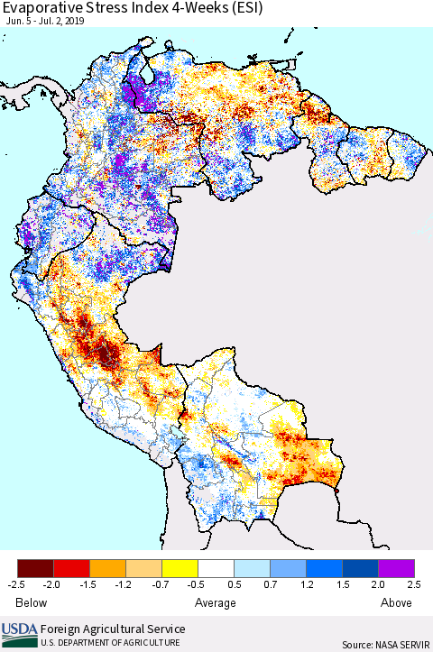 Northern South America Evaporative Stress Index (ESI), 4-Weeks Thematic Map For 7/1/2019 - 7/7/2019