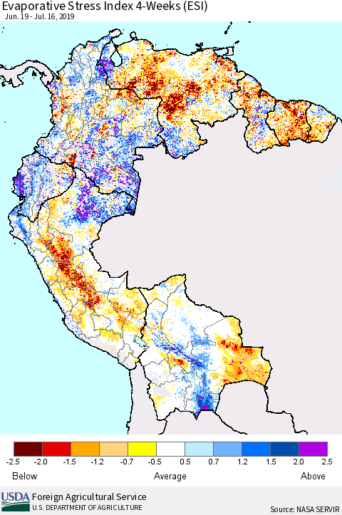 Northern South America Evaporative Stress Index (ESI), 4-Weeks Thematic Map For 7/15/2019 - 7/21/2019