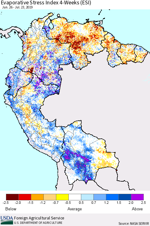 Northern South America Evaporative Stress Index (ESI), 4-Weeks Thematic Map For 7/22/2019 - 7/28/2019