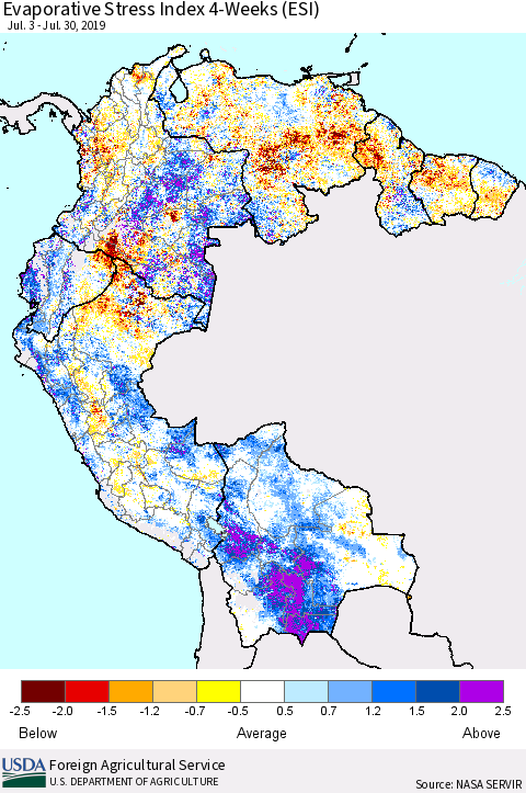 Northern South America Evaporative Stress Index (ESI), 4-Weeks Thematic Map For 7/29/2019 - 8/4/2019