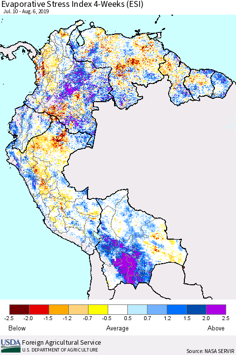 Northern South America Evaporative Stress Index (ESI), 4-Weeks Thematic Map For 8/5/2019 - 8/11/2019