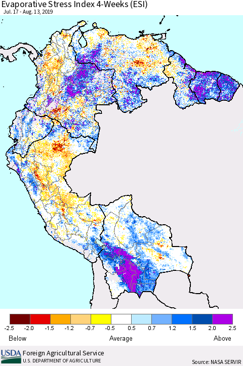 Northern South America Evaporative Stress Index (ESI), 4-Weeks Thematic Map For 8/12/2019 - 8/18/2019