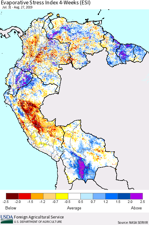 Northern South America Evaporative Stress Index (ESI), 4-Weeks Thematic Map For 8/26/2019 - 9/1/2019
