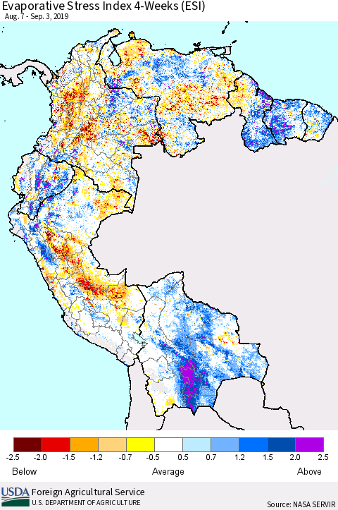 Northern South America Evaporative Stress Index (ESI), 4-Weeks Thematic Map For 9/2/2019 - 9/8/2019