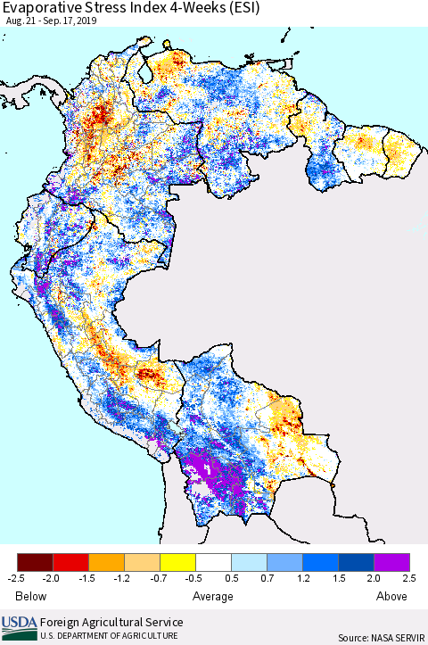 Northern South America Evaporative Stress Index (ESI), 4-Weeks Thematic Map For 9/16/2019 - 9/22/2019