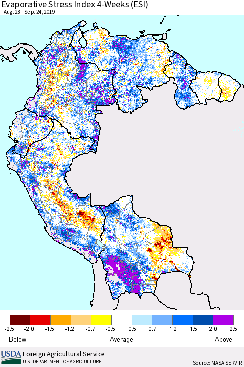 Northern South America Evaporative Stress Index (ESI), 4-Weeks Thematic Map For 9/23/2019 - 9/29/2019
