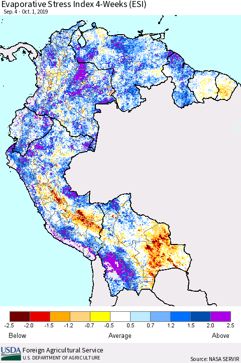 Northern South America Evaporative Stress Index (ESI), 4-Weeks Thematic Map For 9/30/2019 - 10/6/2019