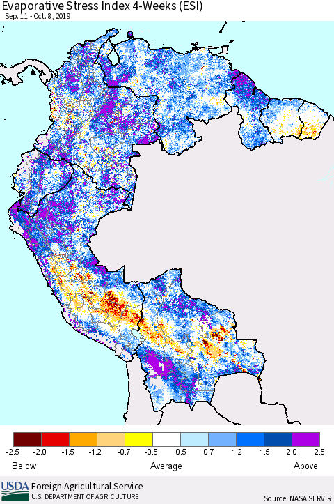 Northern South America Evaporative Stress Index (ESI), 4-Weeks Thematic Map For 10/7/2019 - 10/13/2019