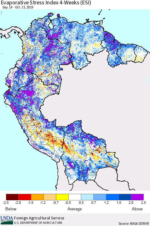 Northern South America Evaporative Stress Index (ESI), 4-Weeks Thematic Map For 10/14/2019 - 10/20/2019