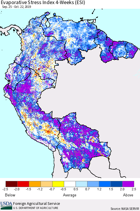 Northern South America Evaporative Stress Index (ESI), 4-Weeks Thematic Map For 10/21/2019 - 10/27/2019