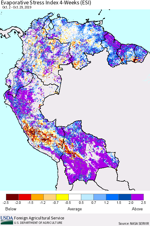 Northern South America Evaporative Stress Index (ESI), 4-Weeks Thematic Map For 10/28/2019 - 11/3/2019
