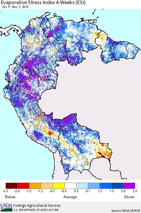 Northern South America Evaporative Stress Index (ESI), 4-Weeks Thematic Map For 11/4/2019 - 11/10/2019