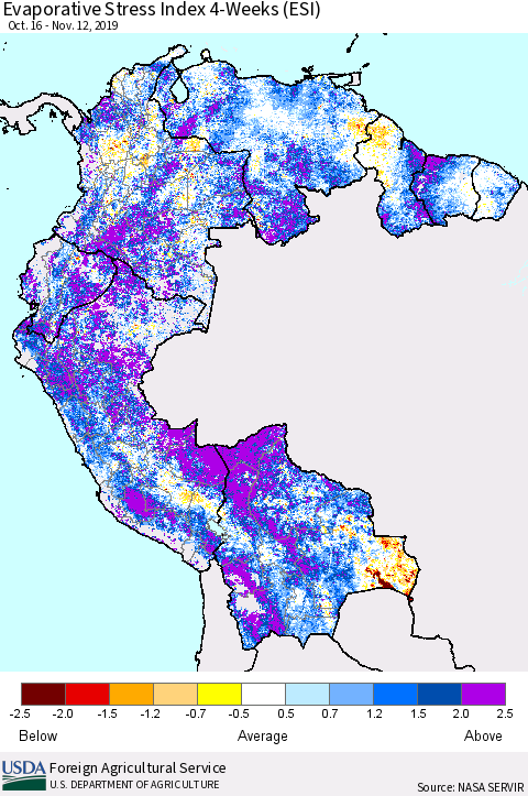Northern South America Evaporative Stress Index (ESI), 4-Weeks Thematic Map For 11/11/2019 - 11/17/2019