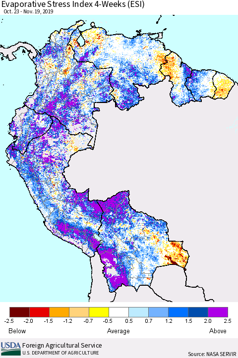 Northern South America Evaporative Stress Index (ESI), 4-Weeks Thematic Map For 11/18/2019 - 11/24/2019