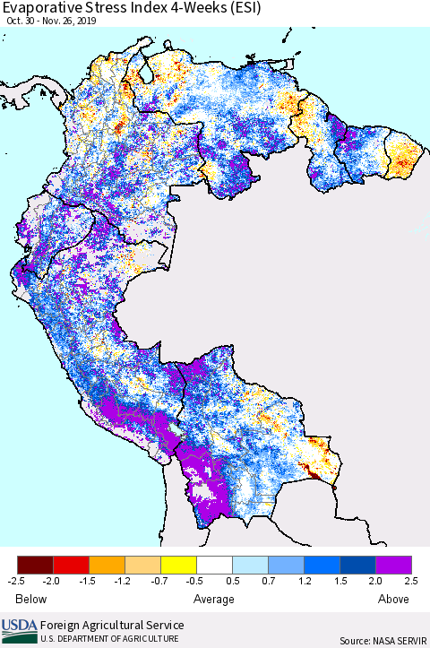 Northern South America Evaporative Stress Index (ESI), 4-Weeks Thematic Map For 11/25/2019 - 12/1/2019